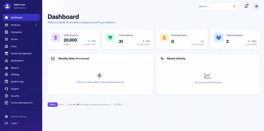 داشبورد مدیریت ZShop — پنل فروشگاهی با گزارش فروش و مدیریت چندفروشندگی